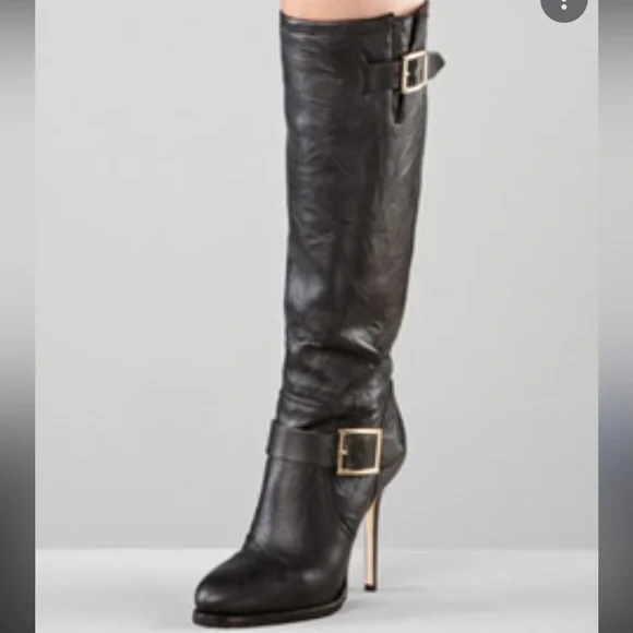 Jimmy Choo Black Biker Distressed Leather
Unlined Knee Length Boots - Picture 6 of 8